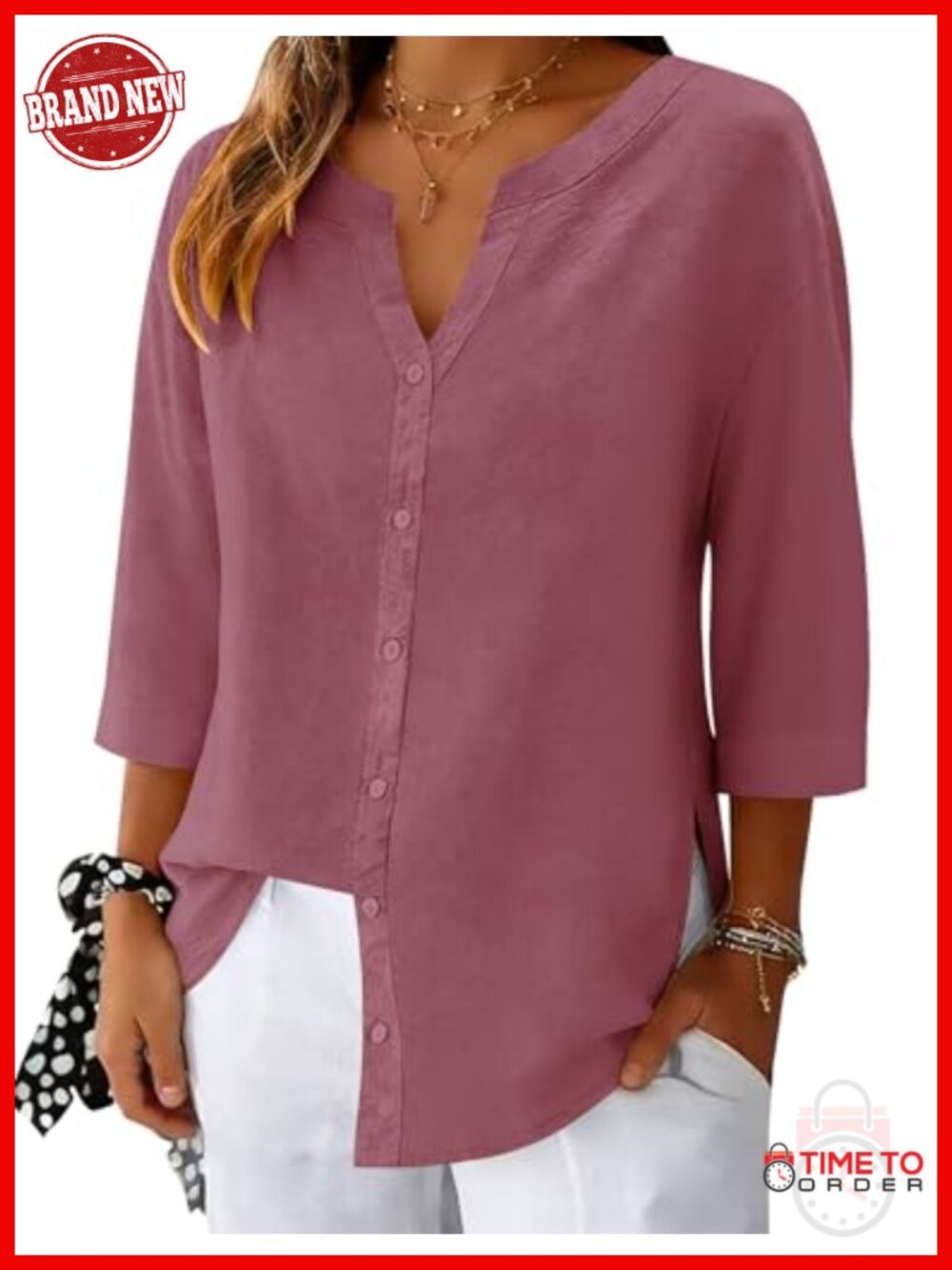 Cotton Linen V Neck 3/4 Sleeve Button Down Side Slit Blouse